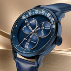 Mandetbrote Wandering Hour Dark Blue — Close three-quarter view of the hour discs travelling along the minute arc, available at IFL Watches.