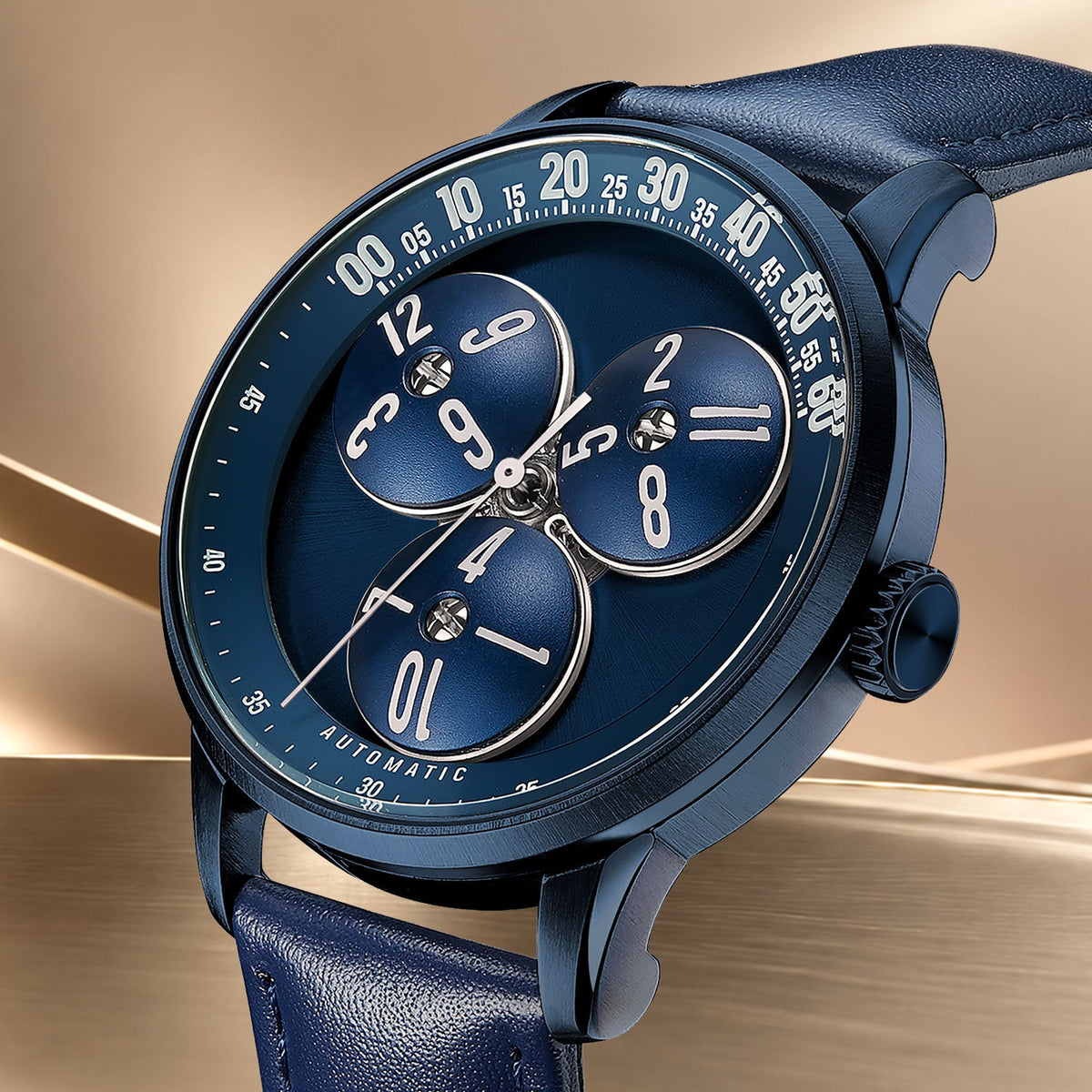 Mandetbrote Wandering Hour Dark Blue — Close three-quarter view of the hour discs travelling along the minute arc, available at IFL Watches.