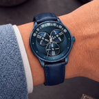 Mandetbrote Wandering Hour Dark Blue — Worn on wrist at an angle, showing the minute arc and hour discs, available at IFL Watches.
