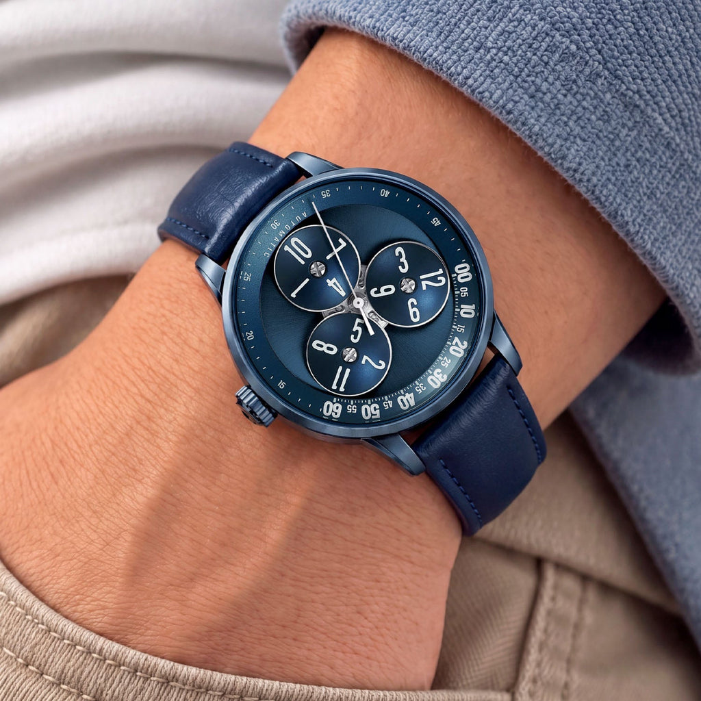 Mandetbrote Wandering Hour Dark Blue — Worn on wrist with a hand in pocket, seen from a relaxed angle, available at IFL Watches.
