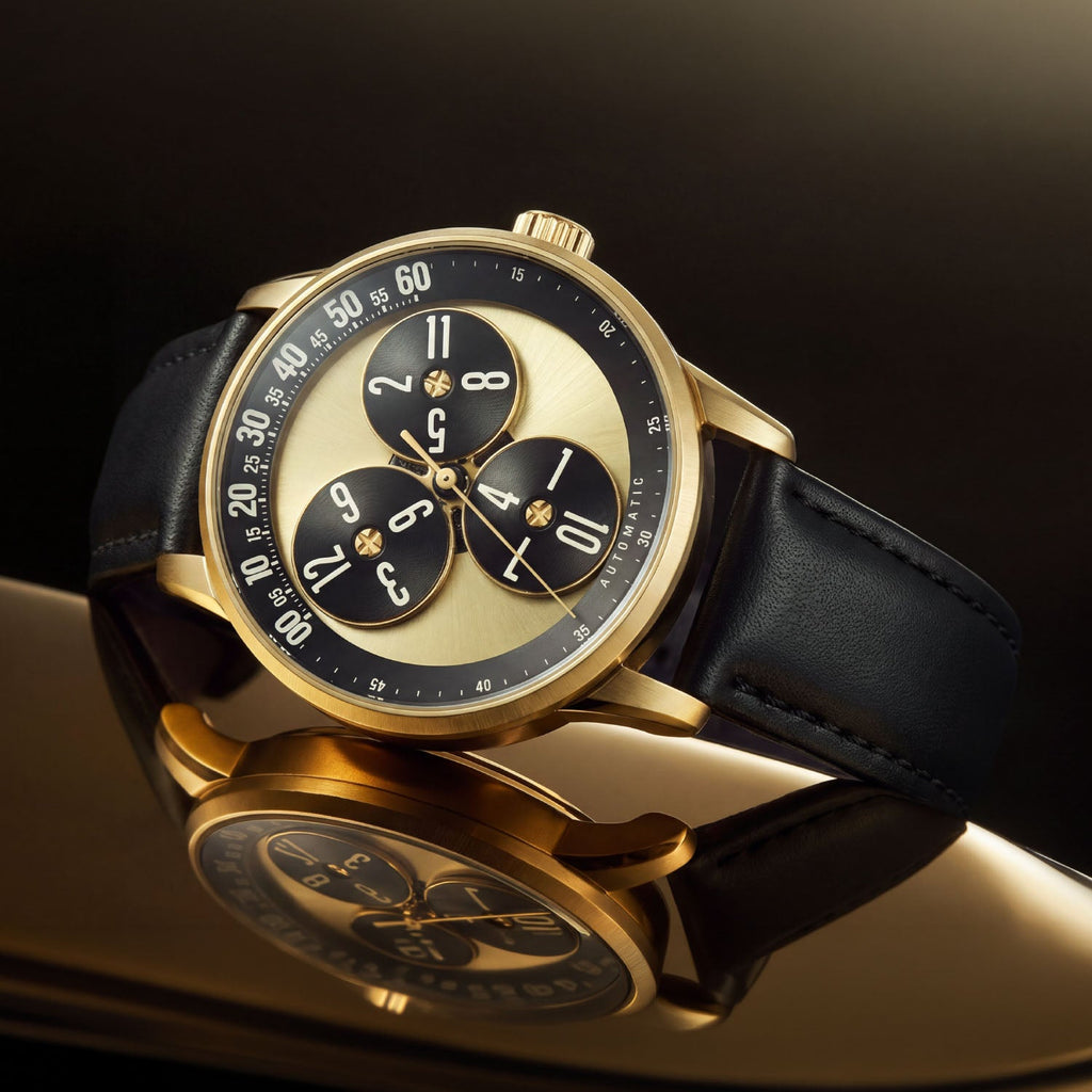 Mandetbrote Wandering Hour Gold — Angled on a reflective surface, showing the case and crown, available at IFL Watches.