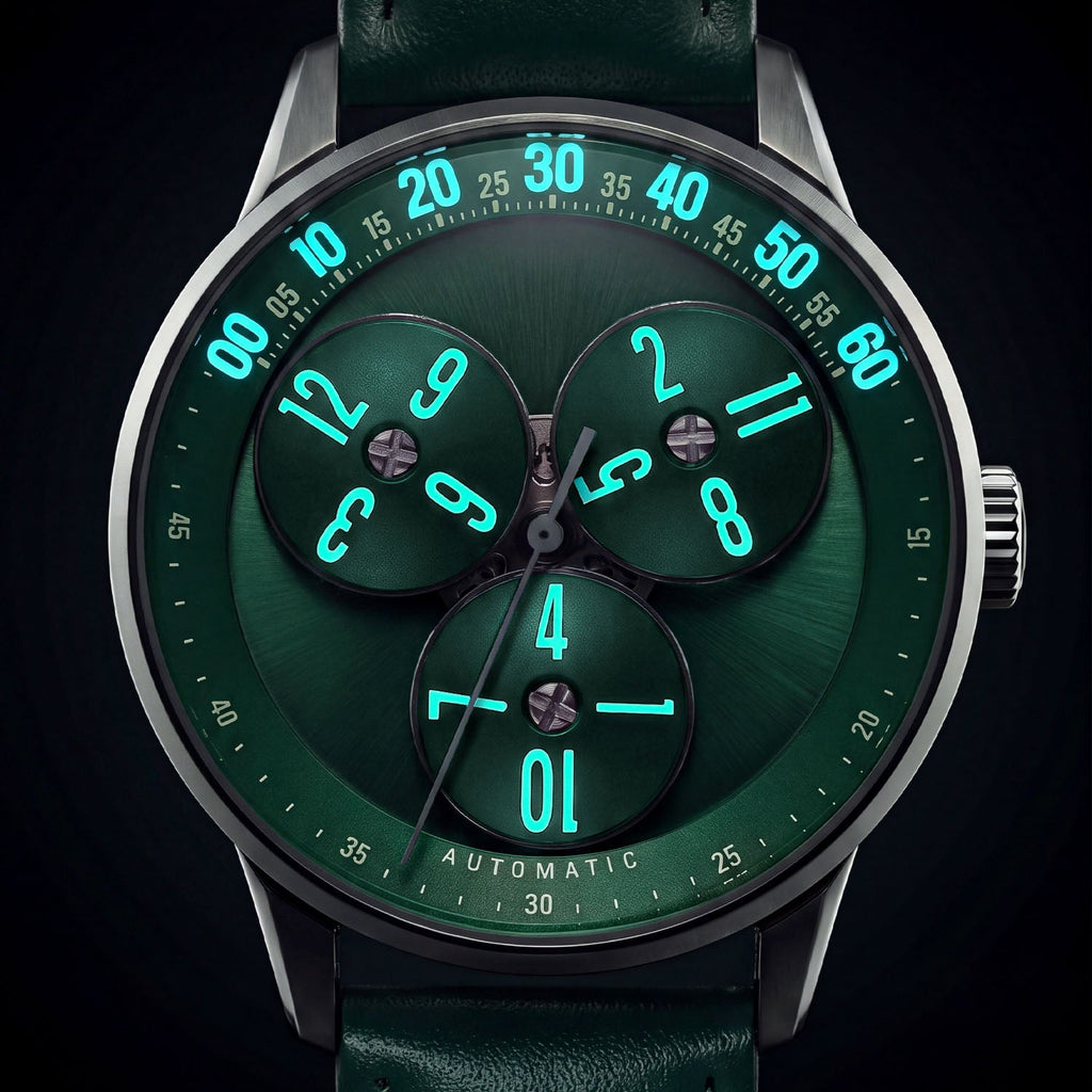 Mandetbrote Wandering Hour Green — In the dark, with the hour numerals and minute track glowing, available at IFL Watches.