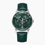 Mandetbrote Wandering Hour Green — Front view of the green sunray dial with three rotating hour discs and arched minute track, 41.2mm steel case on green leather strap, available at IFL Watches.