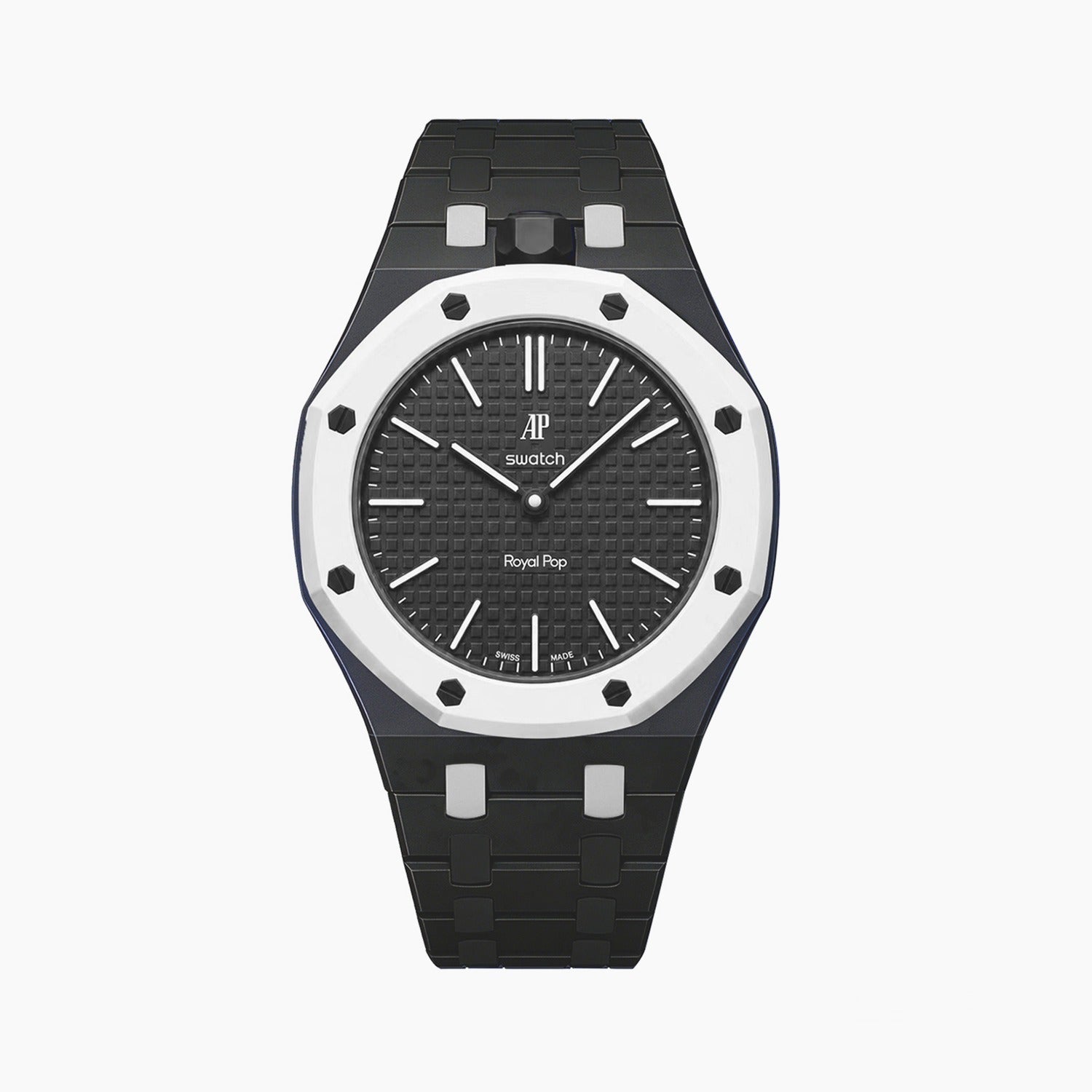 Ocho Negro Swatch × AP Royal Pop Ceramic Case-Strap — stealth black kit with the Royal Pop head seated in the case, by IFL Watches
