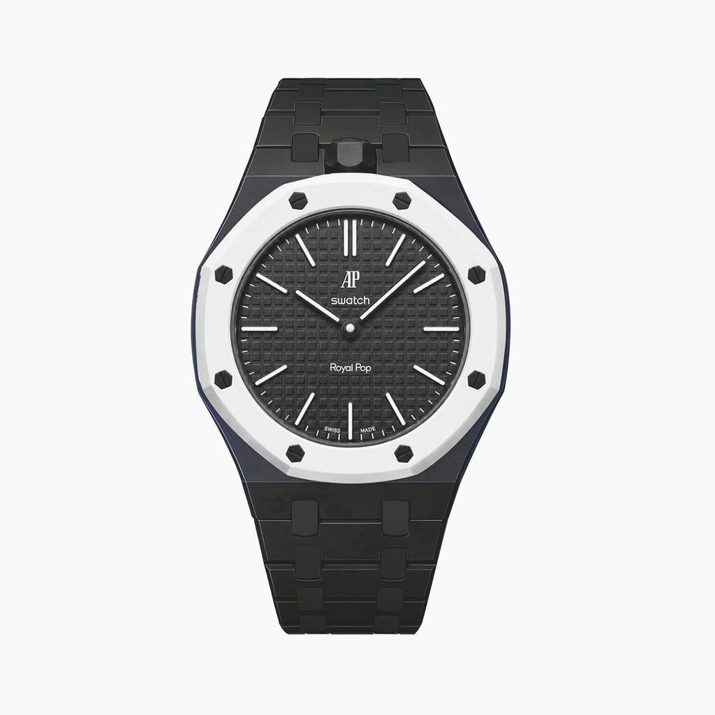 Ocho Negro Swatch × AP Royal Pop Ceramic Case-Strap — stealth black kit with the Royal Pop head seated in the case, by IFL Watches