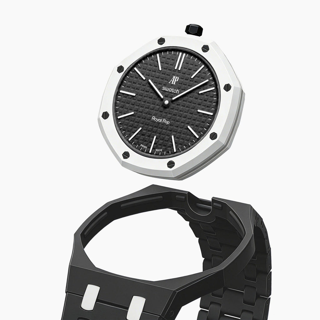 Ocho Negro Swatch × AP Royal Pop Ceramic Case-Strap — case and strap shown separately above the Royal Pop, by IFL Watches