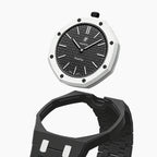 Ocho Negro Swatch × AP Royal Pop Ceramic Case-Strap — case and strap shown separately above the Royal Pop, by IFL Watches