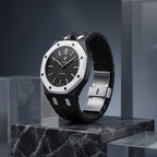 Ocho Negro Swatch × AP Royal Pop Ceramic Case-Strap — worn in a marble scene, by IFL Watches