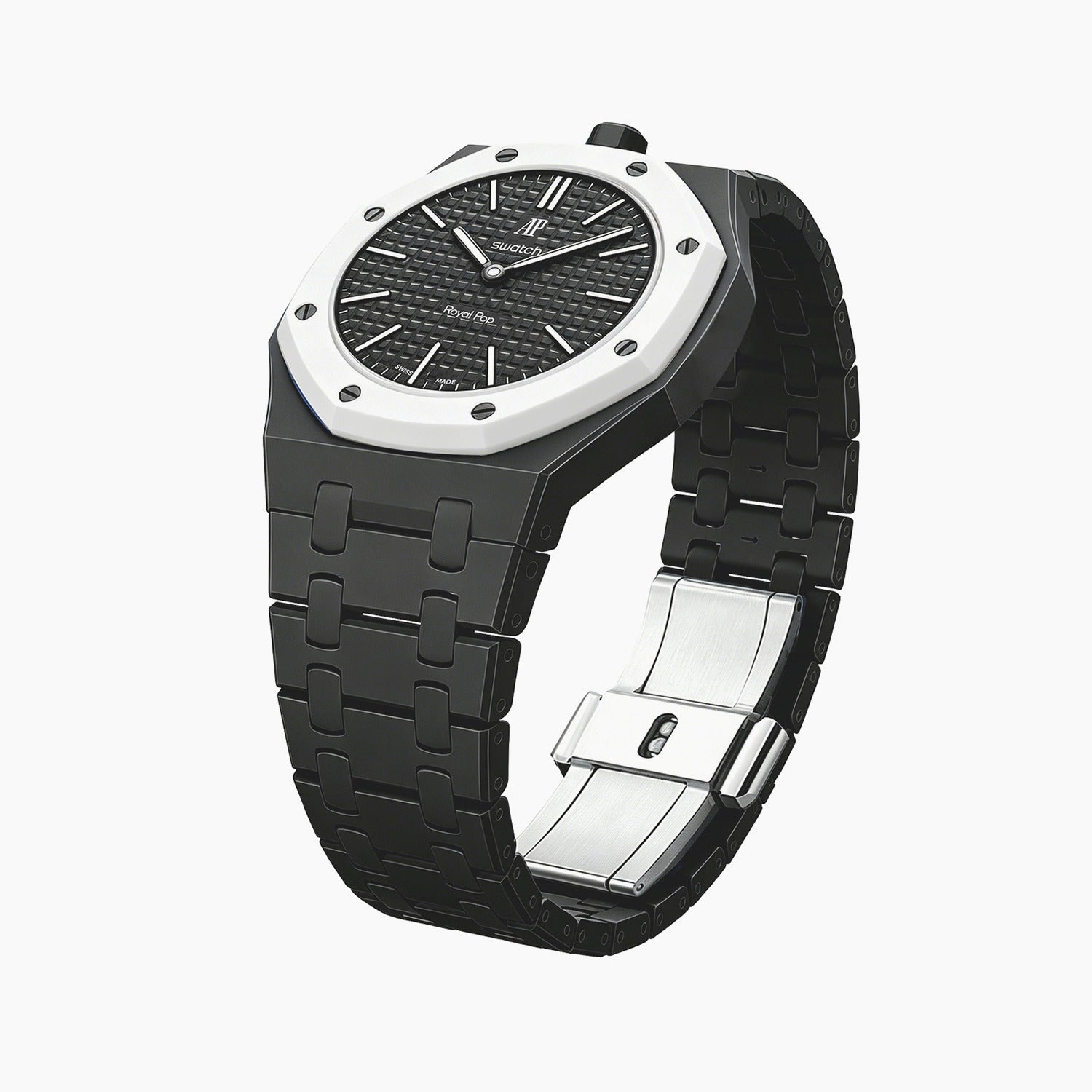 Ocho Negro Swatch × AP Royal Pop Ceramic Case-Strap — the Royal Pop Ocho Negro seated in our ceramic kit, three-quarter view, by IFL Watches
