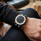 Ocho Negro Swatch × AP Royal Pop Rubber Case-Strap — worn in a lounge scene, by IFL Watches