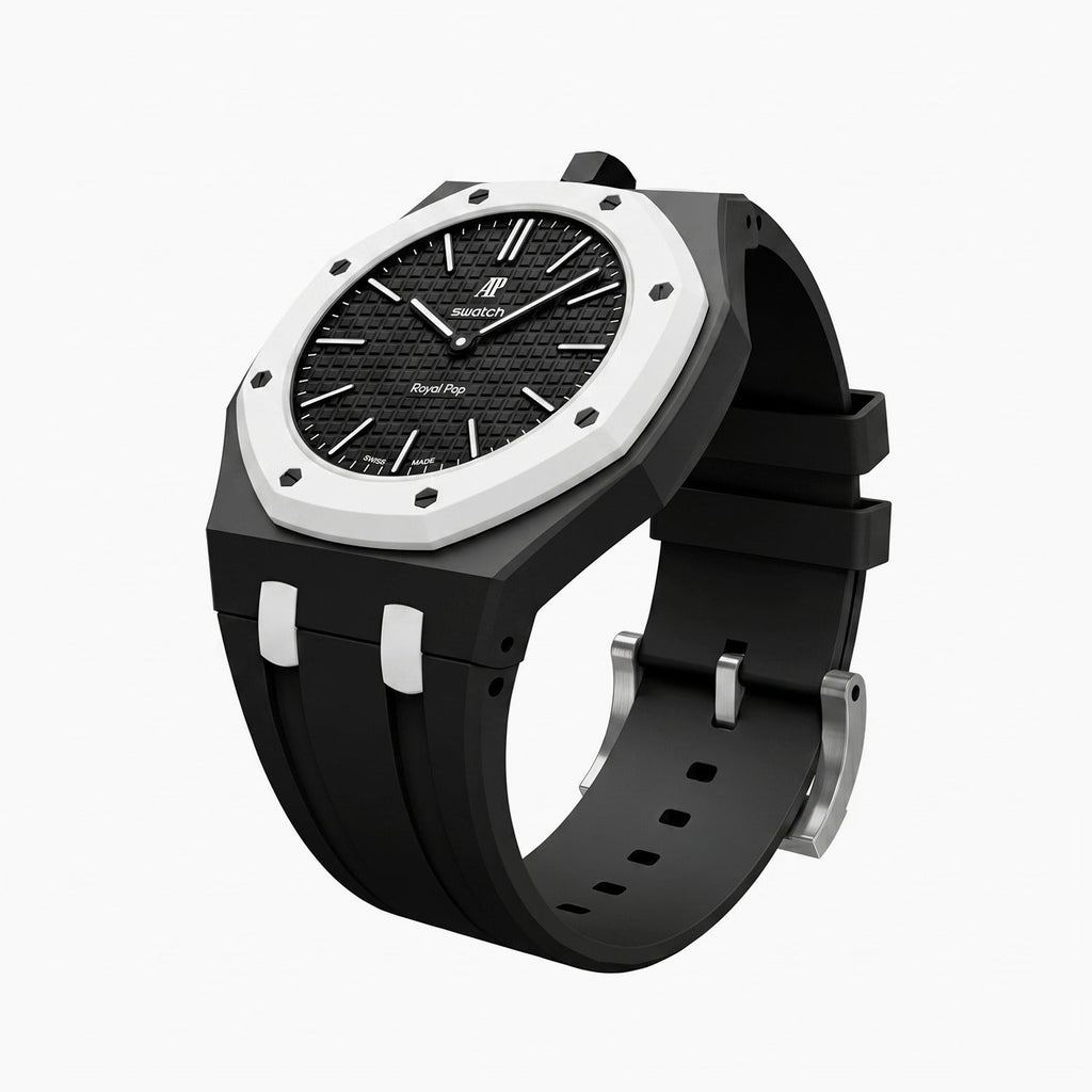 Ocho Negro Swatch × AP Royal Pop Rubber Case-Strap — the Royal Pop Ocho Negro seated in our rubber kit, three-quarter view, by IFL Watches