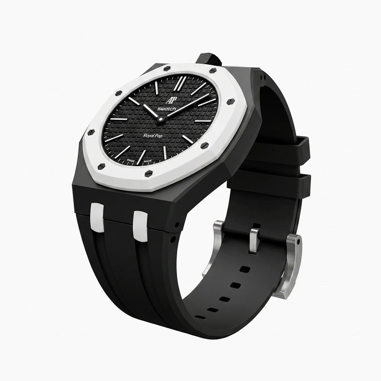 Ocho Negro Swatch × AP Royal Pop Rubber Case-Strap — the Royal Pop Ocho Negro seated in our rubber kit, three-quarter view, by IFL Watches
