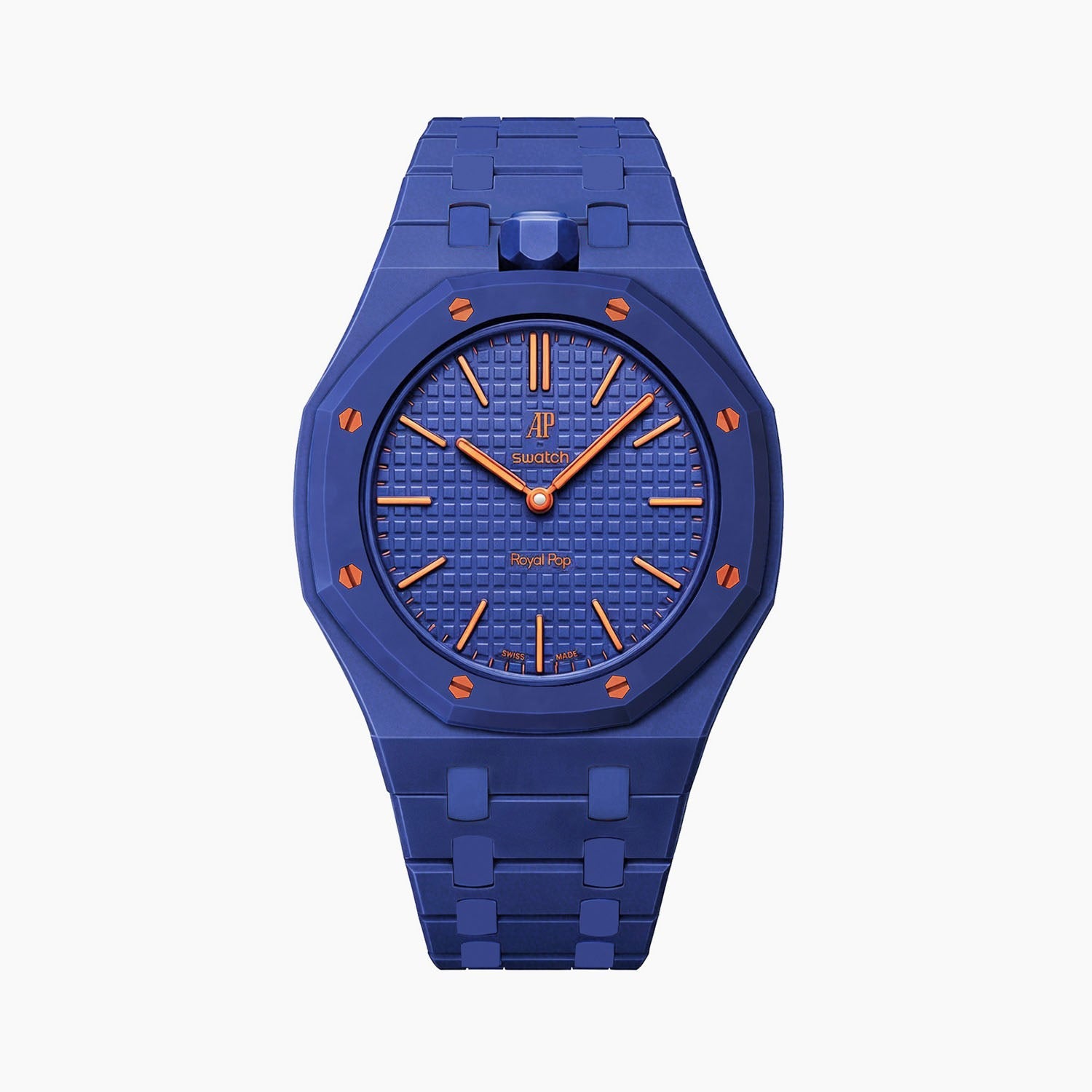 Orenji Hachi Swatch × AP Royal Pop Ceramic Case-Strap — deep navy with orange accents kit with the Royal Pop head seated in the case, by IFL Watches