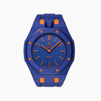 Orenji Hachi Swatch × AP Royal Pop Rubber Case-Strap — deep navy with orange accents kit with the Royal Pop head seated in the case, by IFL Watches