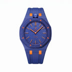 Orenji Hachi Swatch × AP Royal Pop Rubber Case-Strap — deep navy with orange accents kit with the Royal Pop head seated in the case, by IFL Watches