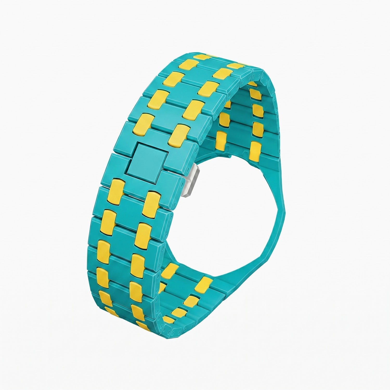 OTG Roz Swatch × AP Royal Pop Ceramic Case-Strap — bare playful pink-and-teal with a yellow bezel ceramic bracelet with empty case bracket, front view, by IFL Watches