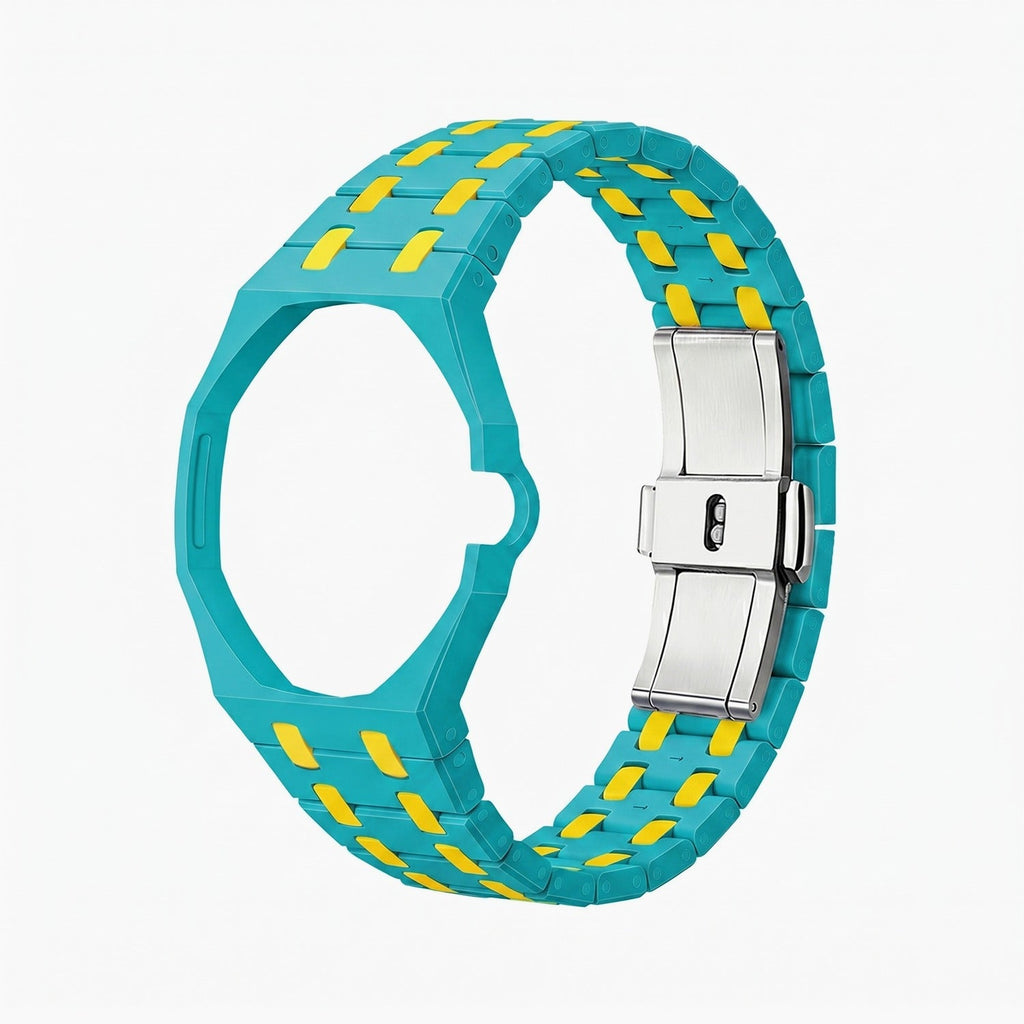 OTG Roz Swatch × AP Royal Pop Ceramic Case-Strap — bare playful pink-and-teal with a yellow bezel ceramic bracelet with empty case bracket, side view, by IFL Watches