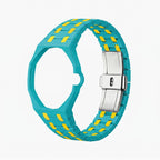 OTG Roz Swatch × AP Royal Pop Ceramic Case-Strap — bare playful pink-and-teal with a yellow bezel ceramic bracelet with empty case bracket, side view, by IFL Watches