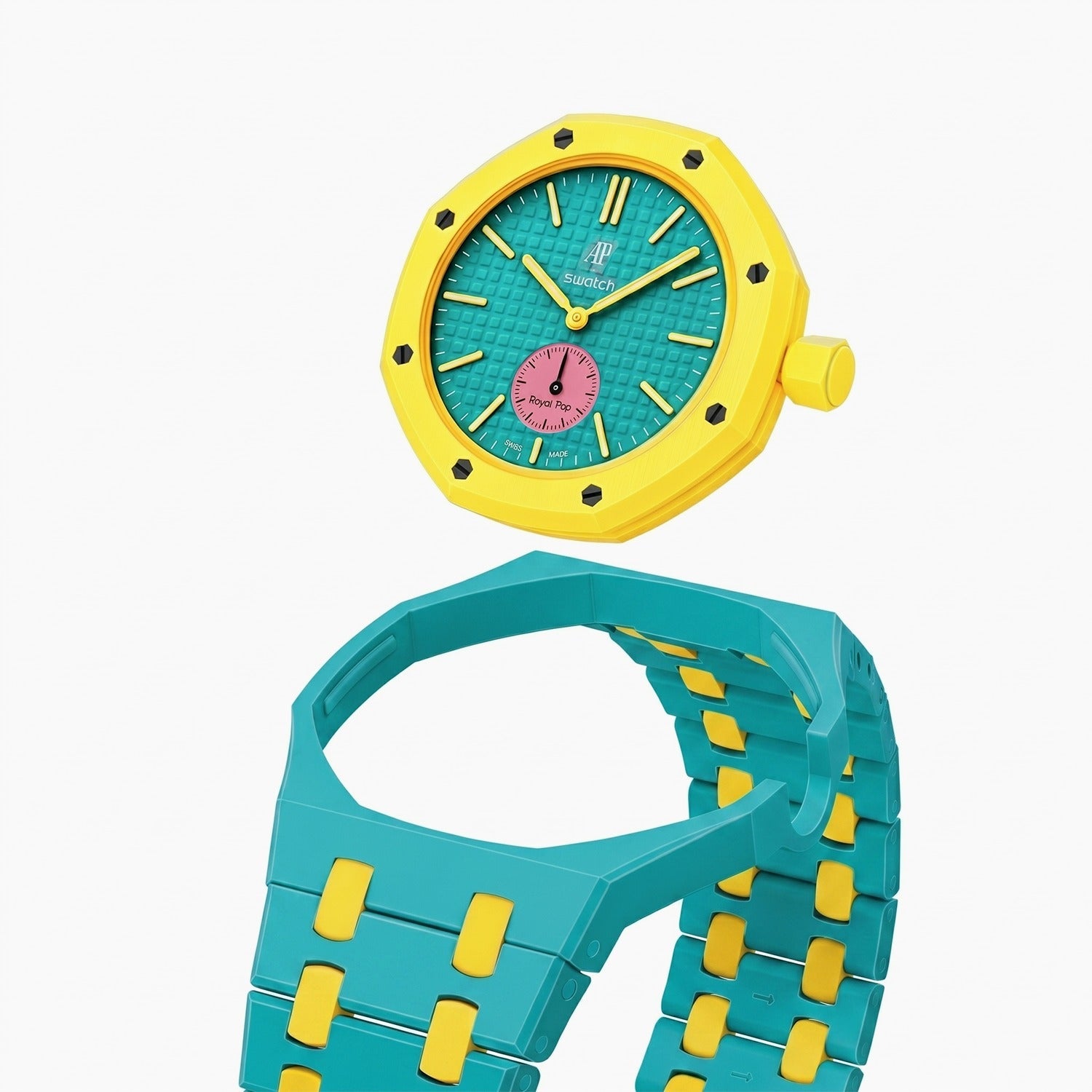 OTG Roz Swatch × AP Royal Pop Ceramic Case-Strap — case and strap shown separately above the Royal Pop, by IFL Watches