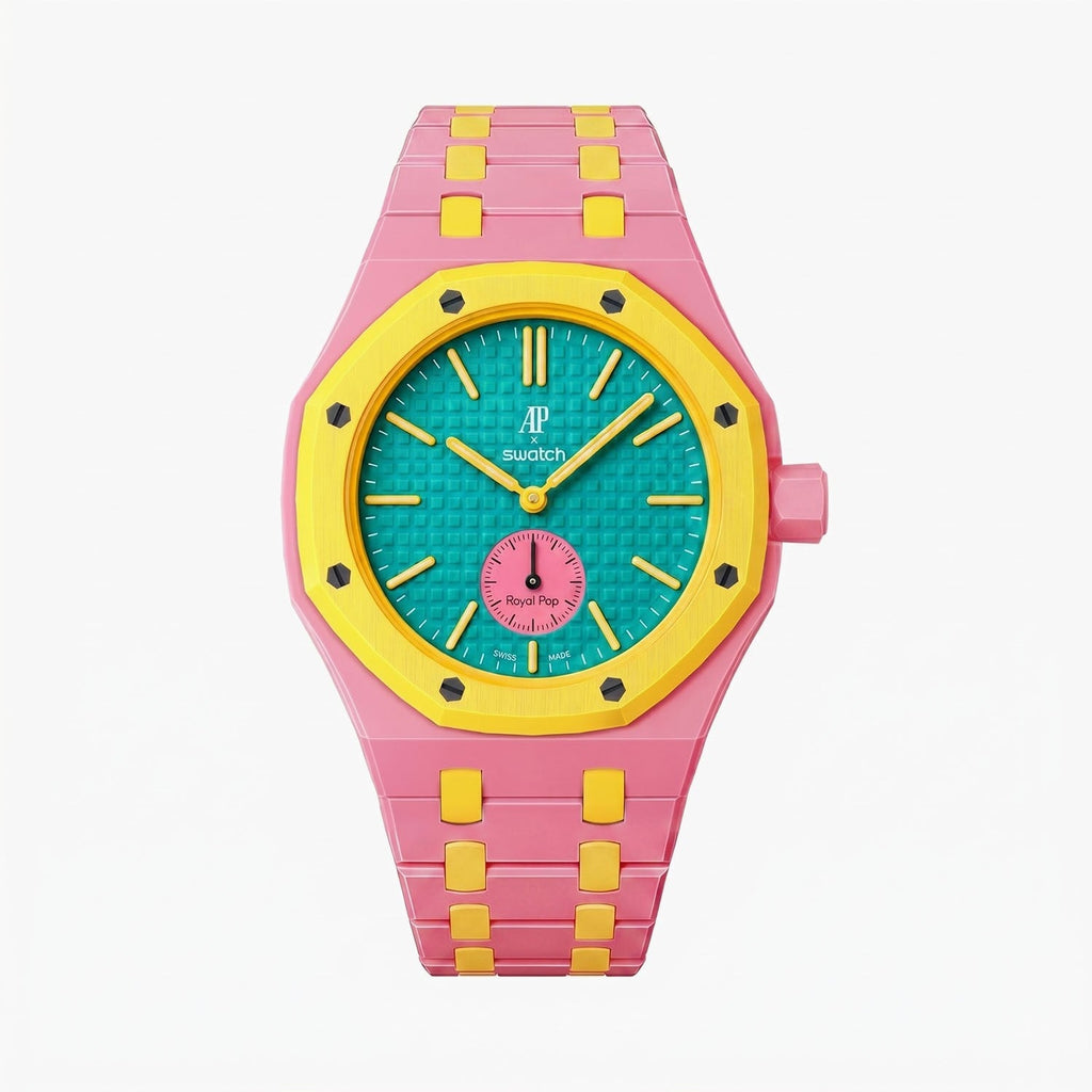 OTG Roz Swatch × AP Royal Pop Ceramic Case-Strap Pink — pink kit with the OTG Roz teal-dial Royal Pop seated in the case, by IFL Watches