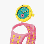 OTG Roz Swatch × AP Royal Pop Ceramic Case-Strap Pink — case and strap shown separately above the Royal Pop, by IFL Watches