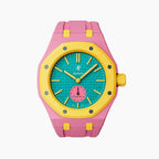 OTG Roz Swatch × AP Royal Pop Rubber Case-Strap — playful pink-and-teal with a yellow bezel kit with the Royal Pop head seated in the case, by IFL Watches