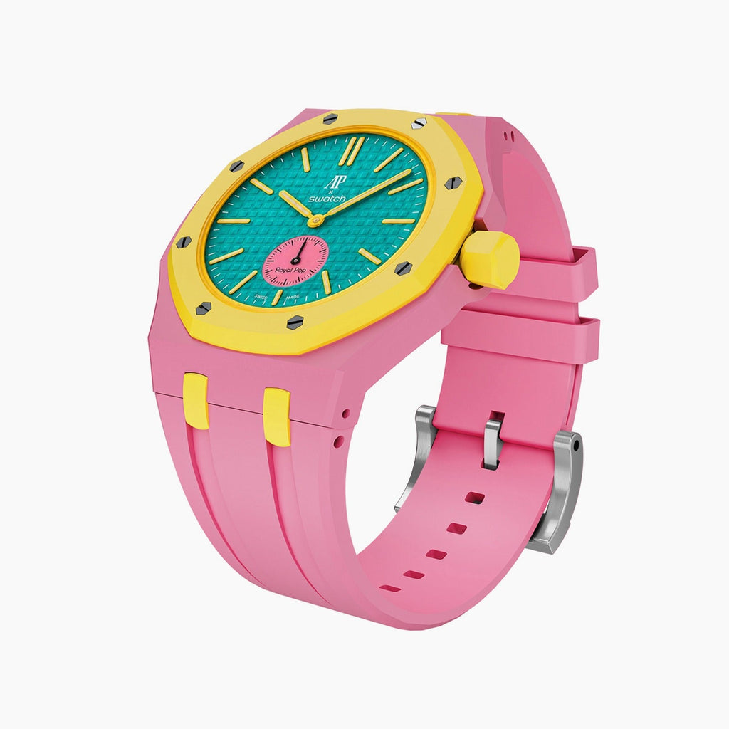 OTG Roz Swatch × AP Royal Pop Rubber Case-Strap — the Royal Pop OTG Roz seated in our rubber kit, three-quarter view, by IFL Watches