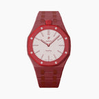 Otto Rosso Swatch × AP Royal Pop Bioceramic Case-Strap — soft pink with a red bezel kit with the Royal Pop head seated in the case, by IFL Watches