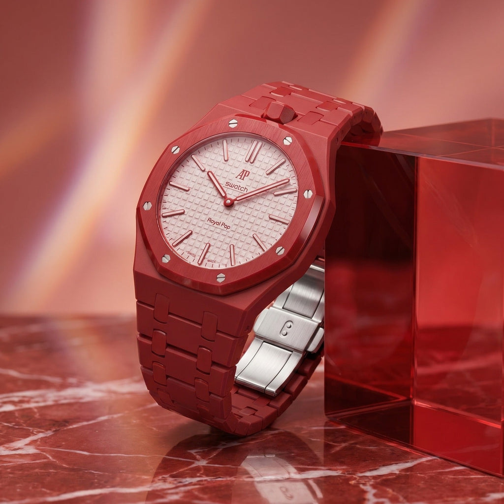 Otto Rosso Swatch × AP Royal Pop Ceramic Case-Strap — worn in a marble scene, by IFL Watches