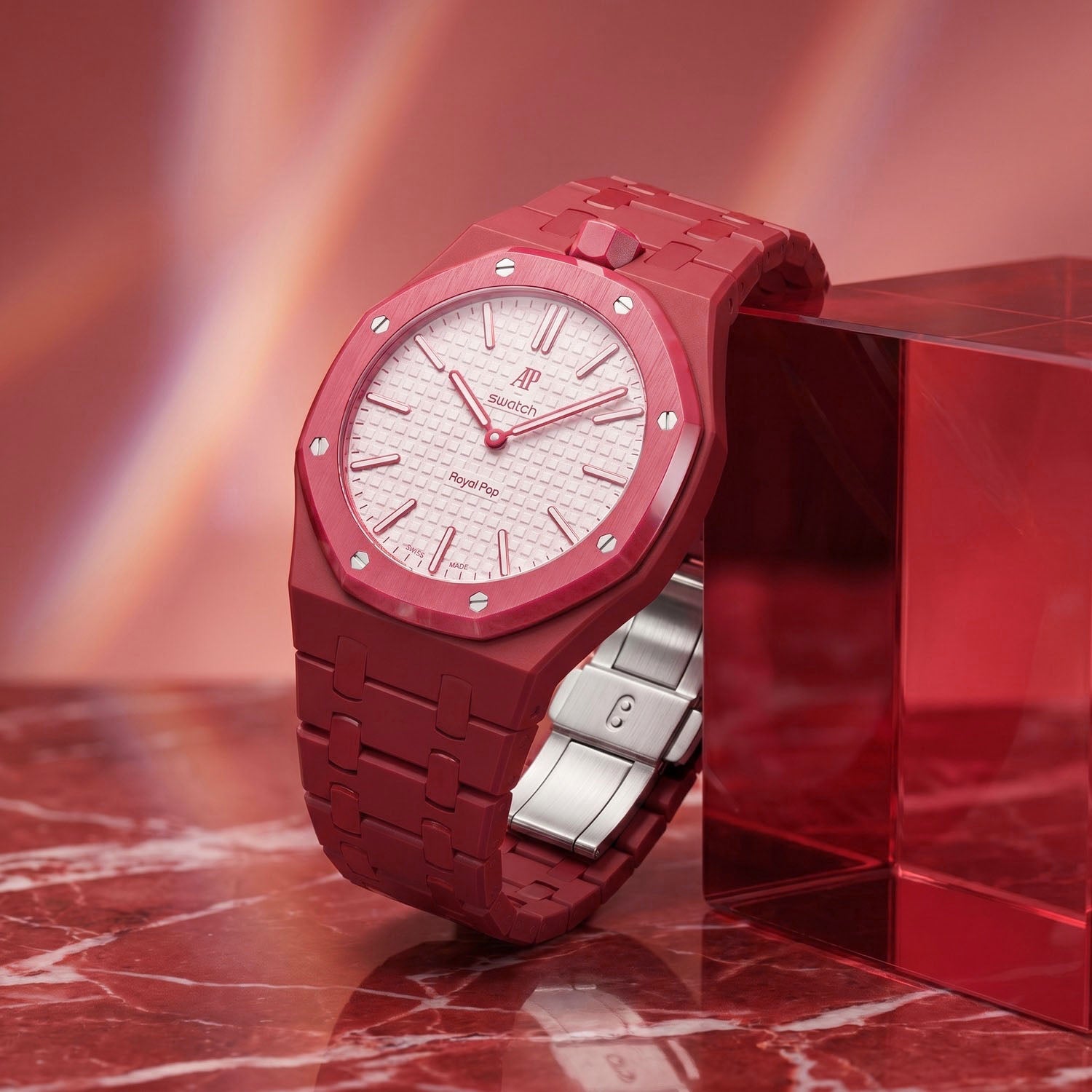 Otto Rosso Swatch × AP Royal Pop Ceramic Case-Strap — worn in a marble scene, by IFL Watches