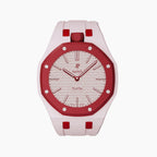 Otto Rosso Swatch × AP Royal Pop Rubber Case-Strap — soft pink with a red bezel kit with the Royal Pop head seated in the case, by IFL Watches
