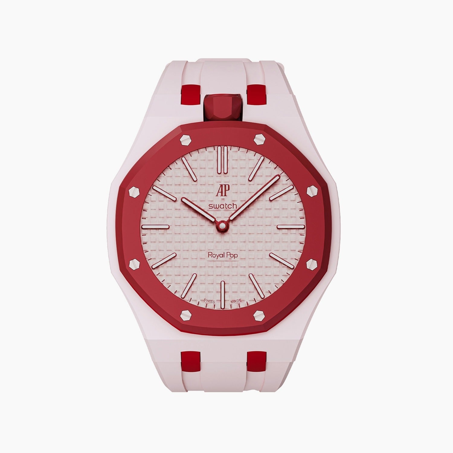 Otto Rosso Swatch × AP Royal Pop Rubber Case-Strap — soft pink with a red bezel kit with the Royal Pop head seated in the case, by IFL Watches