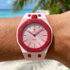 Otto Rosso Swatch × AP Royal Pop Rubber Case-Strap — worn in a beach scene, by IFL Watches
