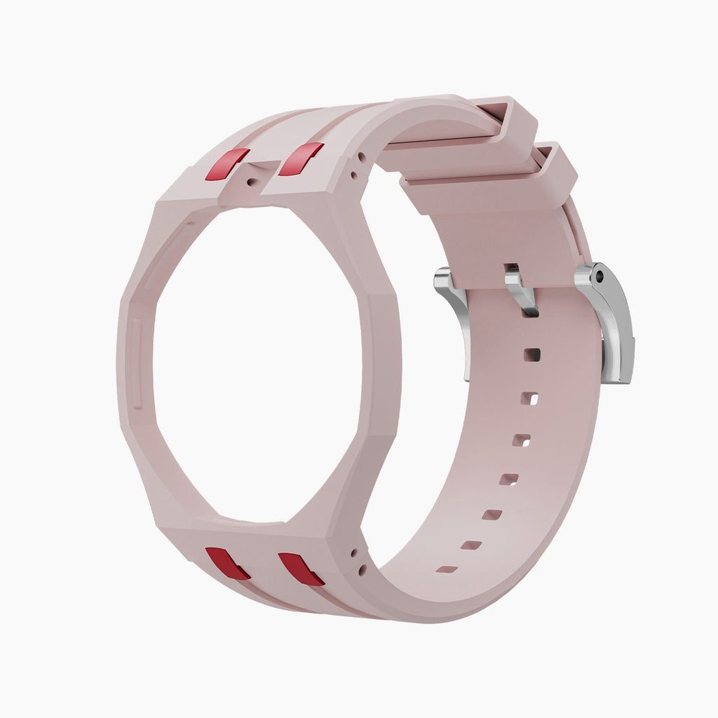 Otto Rosso Swatch × AP Royal Pop Rubber Case-Strap — bare soft pink with a red bezel rubber strap with empty case bracket, by IFL Watches