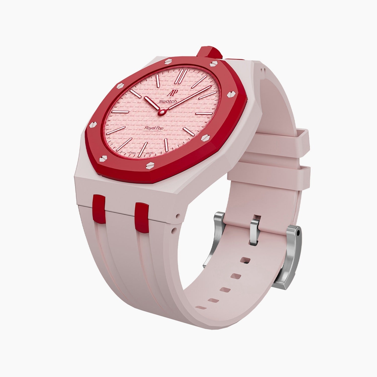 Otto Rosso Swatch × AP Royal Pop Rubber Case-Strap — the Royal Pop Otto Rosso seated in our rubber kit, three-quarter view, by IFL Watches