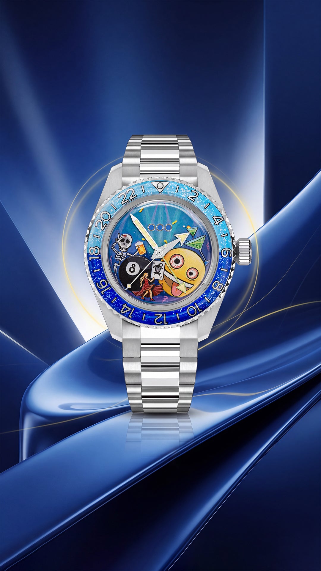 Out of Order Shaker Happy Hour — The painted dial before casing, showing the dancer, the joker card and the yellow face, custom limited edition by IFL Watches