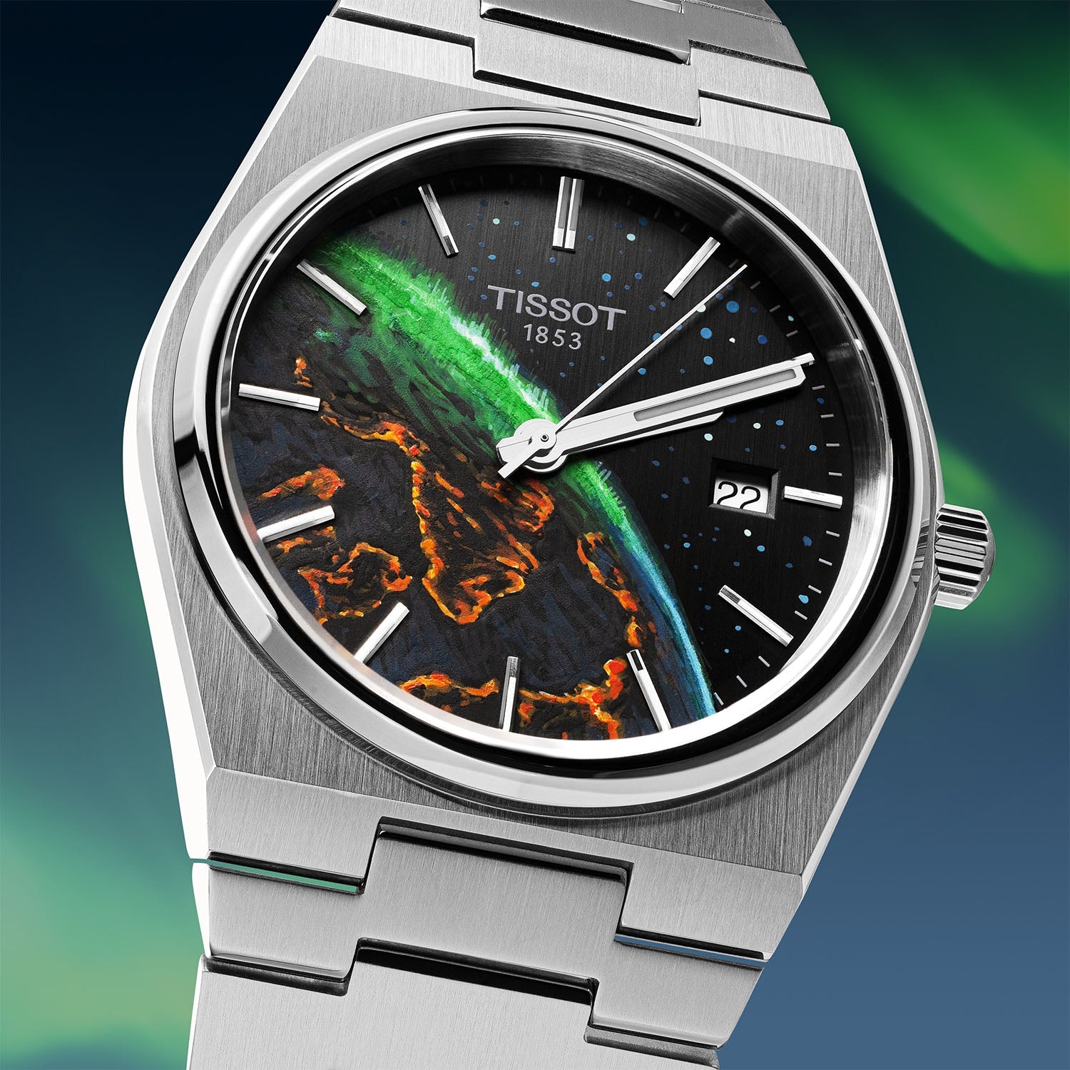 PRX Terra Aurora – Hand-painted concept on Tissot PRX featuring custom Aurora Borealis artwork, limited edition by IFL Watches