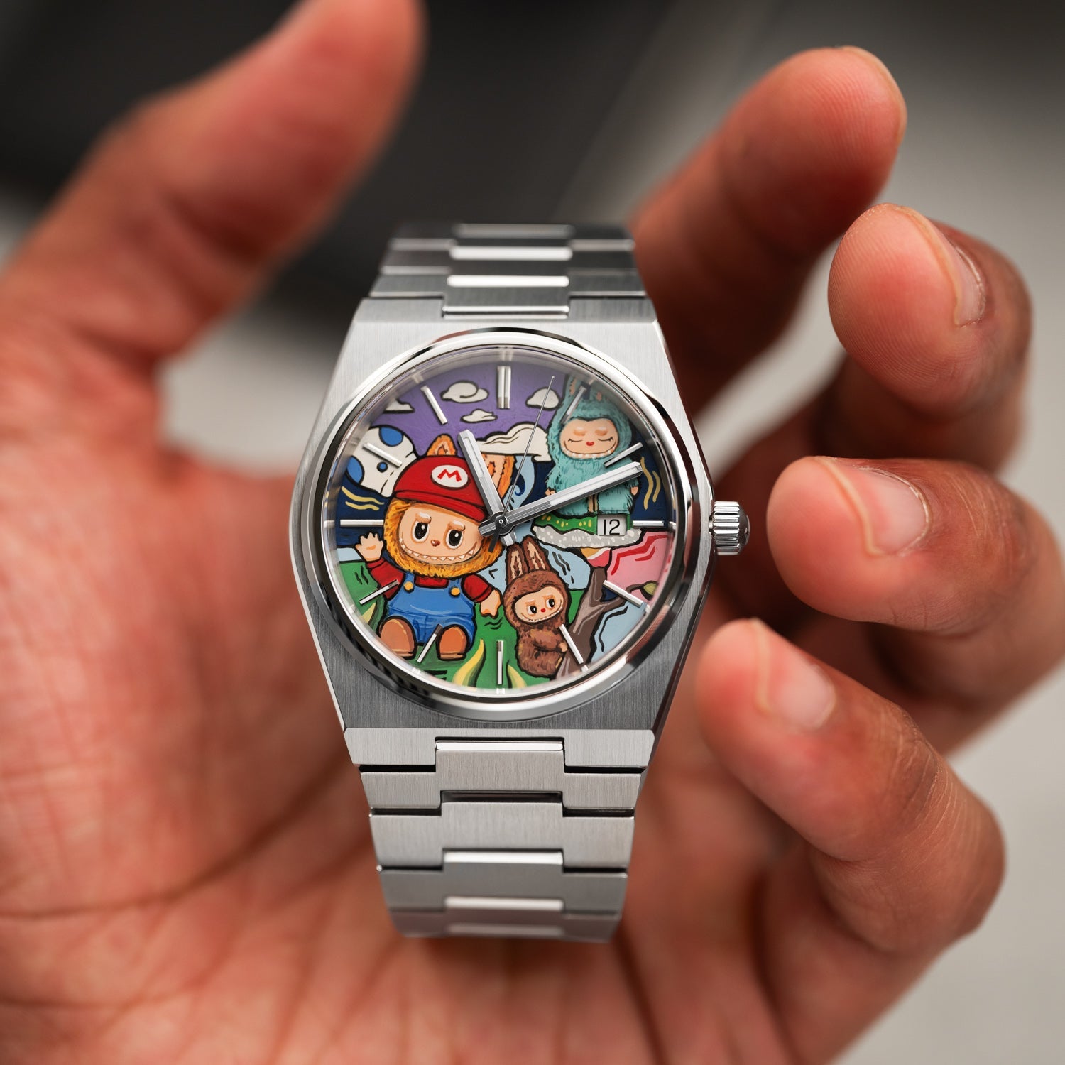 Time BuBu Concept – Hand-painted custom Tissot PRX featuring whimsical forest spirits with toothy grins, a bespoke timepiece by IFL Watches