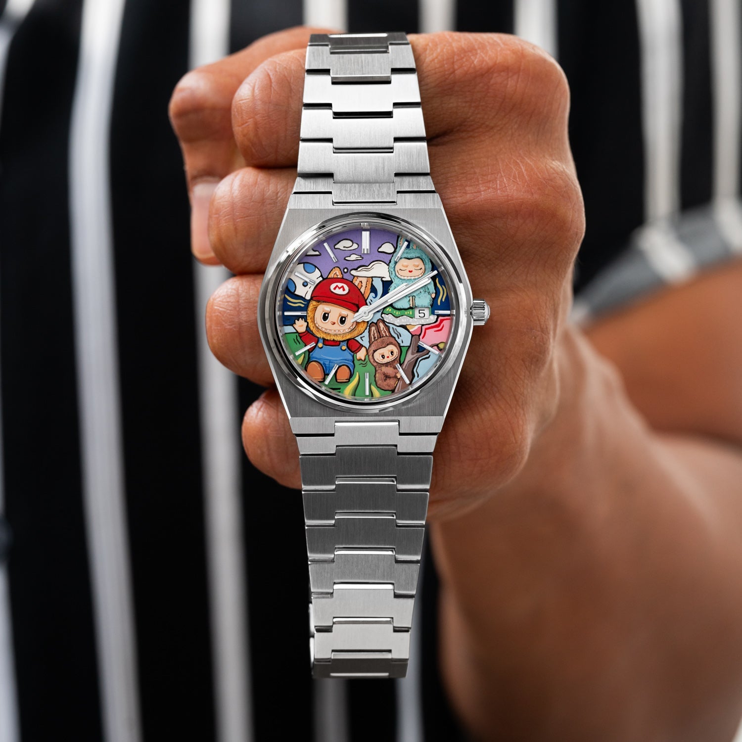 Time BuBu Concept – Hand-painted custom Tissot PRX featuring whimsical forest spirits with toothy grins, a bespoke timepiece by IFL Watches