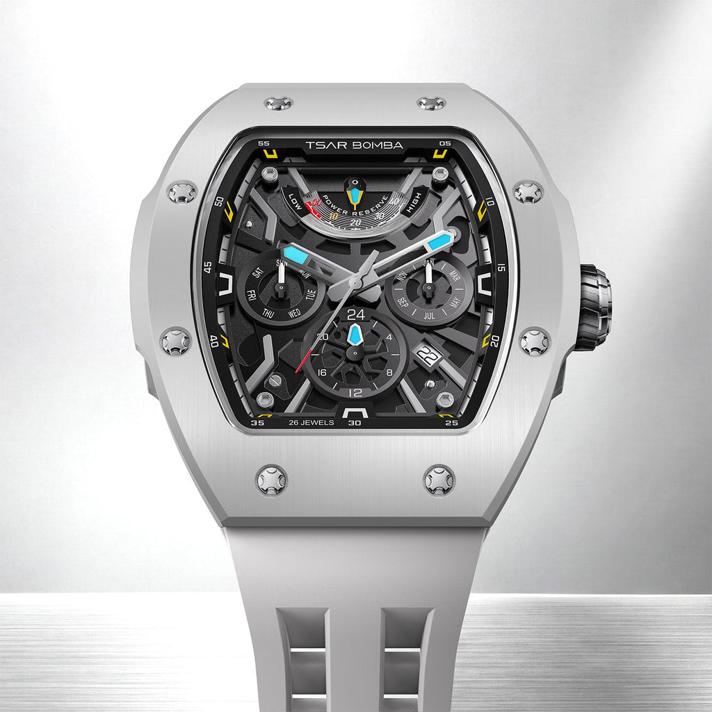 Tsar Bomba Atomic Ghost Grey — Standing on a reflective surface in front view, showing the sapphire crystal over the movement, available at IFL Watches.