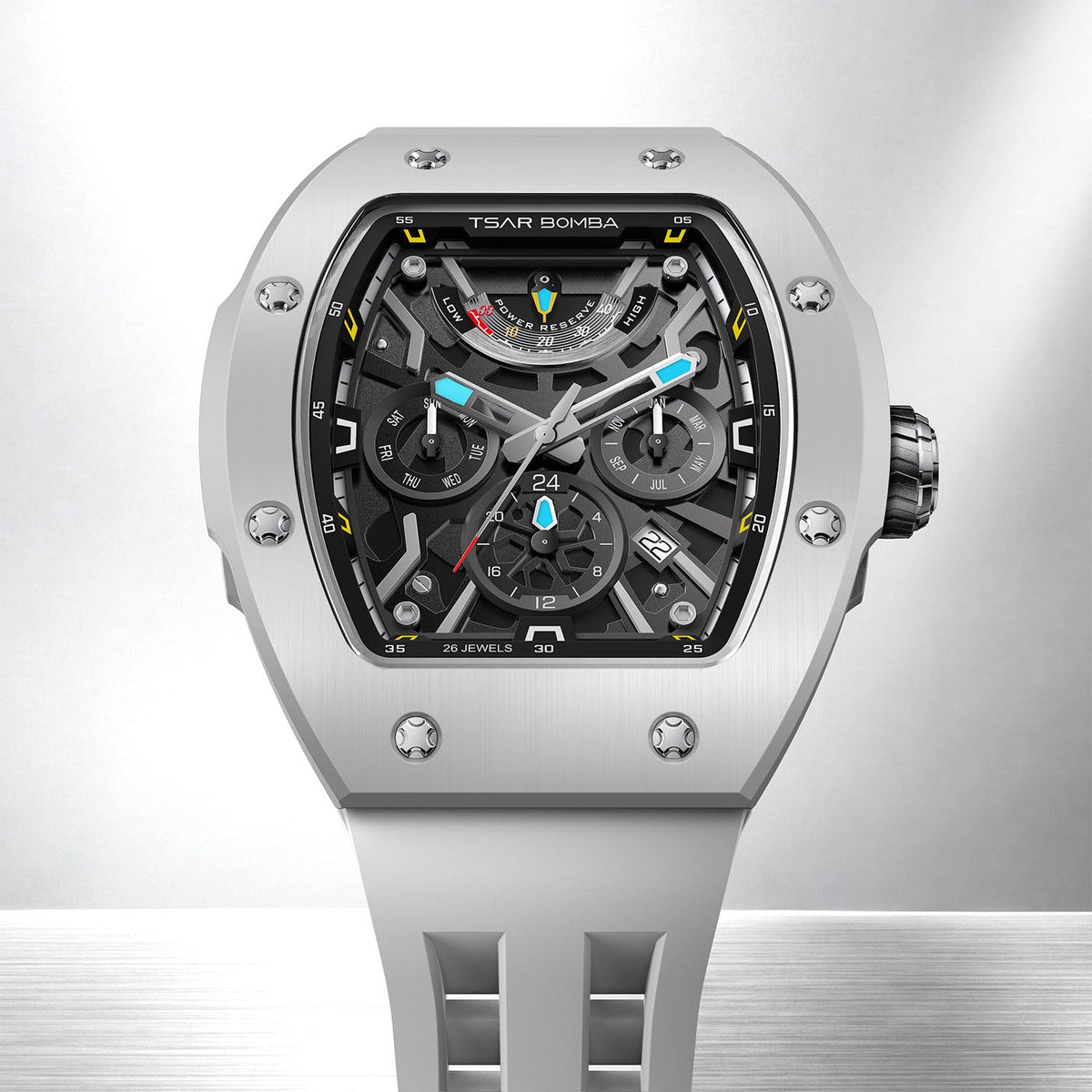 Tsar Bomba Atomic Ghost Grey — Standing on a reflective surface in front view, showing the sapphire crystal over the movement, available at IFL Watches.
