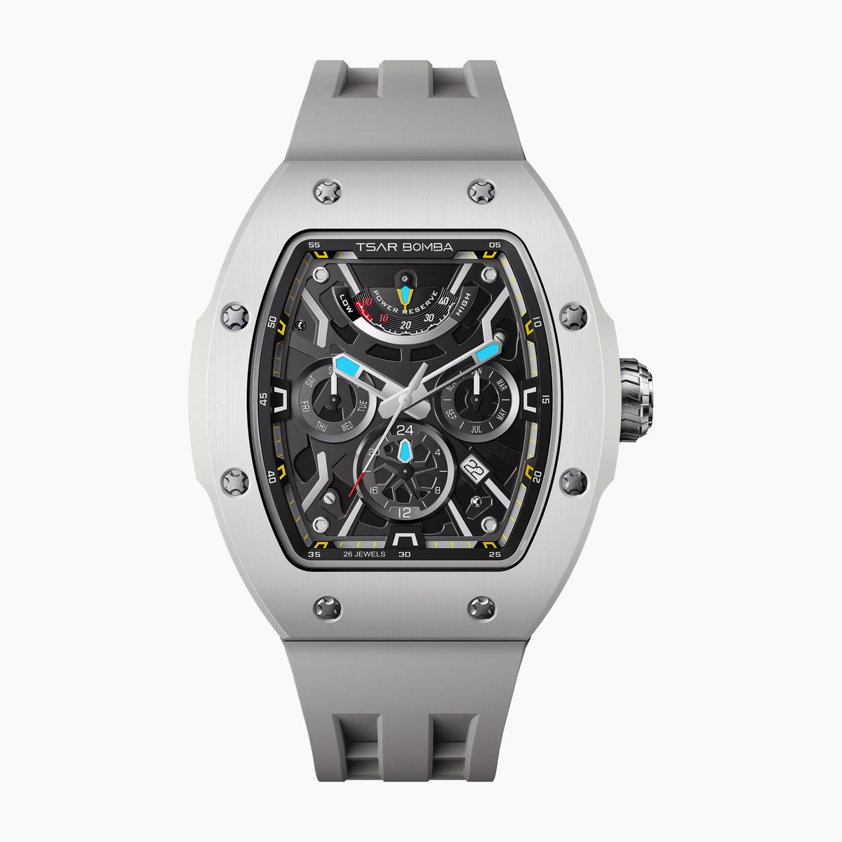 Tsar Bomba Atomic Ghost Grey — Front view of the skeleton dial with power reserve, day, month and AM/PM sub-dials in a 45mm grey ceramic tonneau case on matching strap, available at IFL Watches.