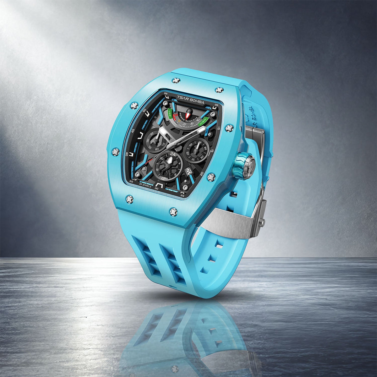 Tsar Bomba Atomic Lake Blue — Standing on a polished floor, showing the strap and case profile, available at IFL Watches.