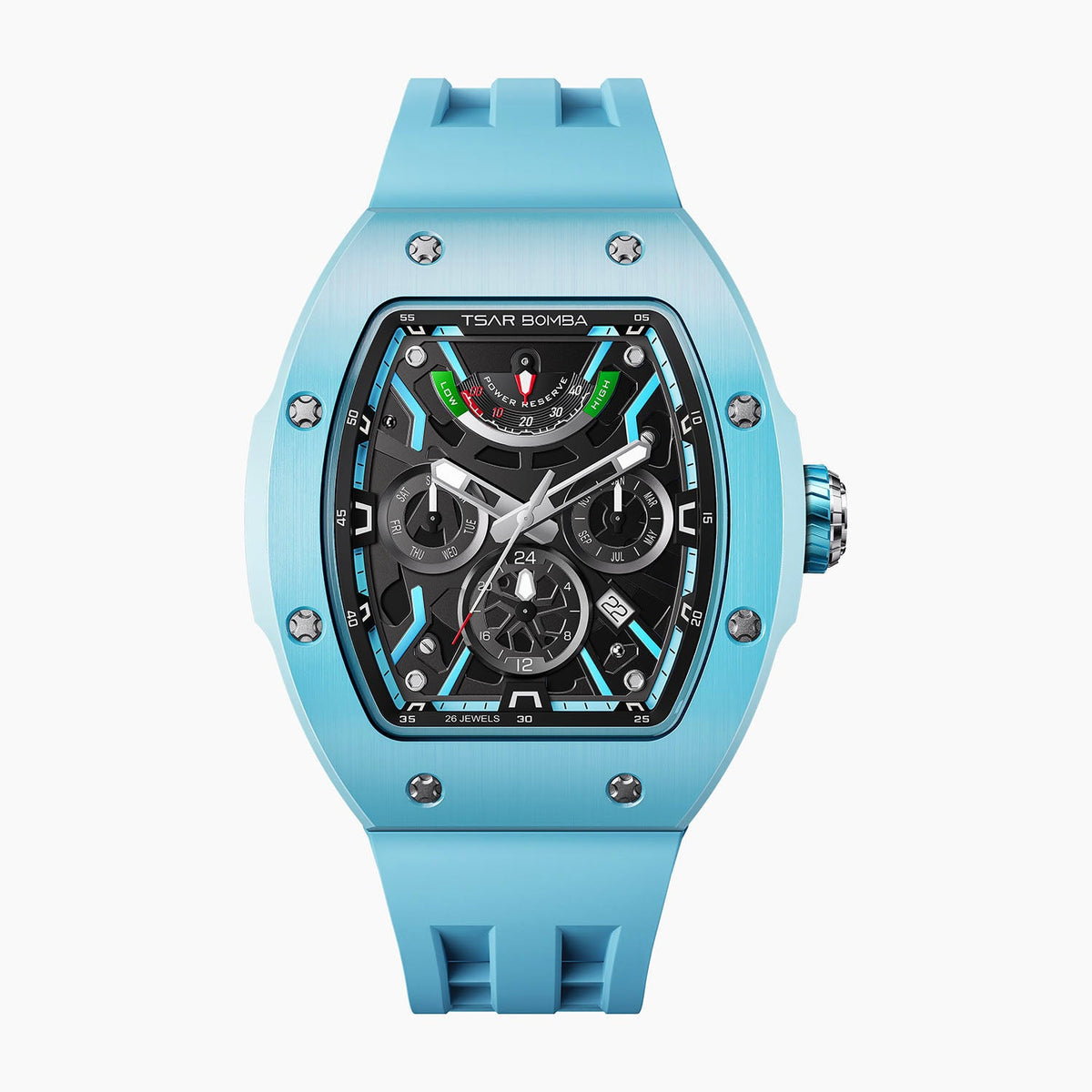 Tsar Bomba Atomic Lake Blue — Front view of the skeleton dial with power reserve, day, month and AM/PM sub-dials in a 45mm sky-blue ceramic tonneau case on matching strap, available at IFL Watches.