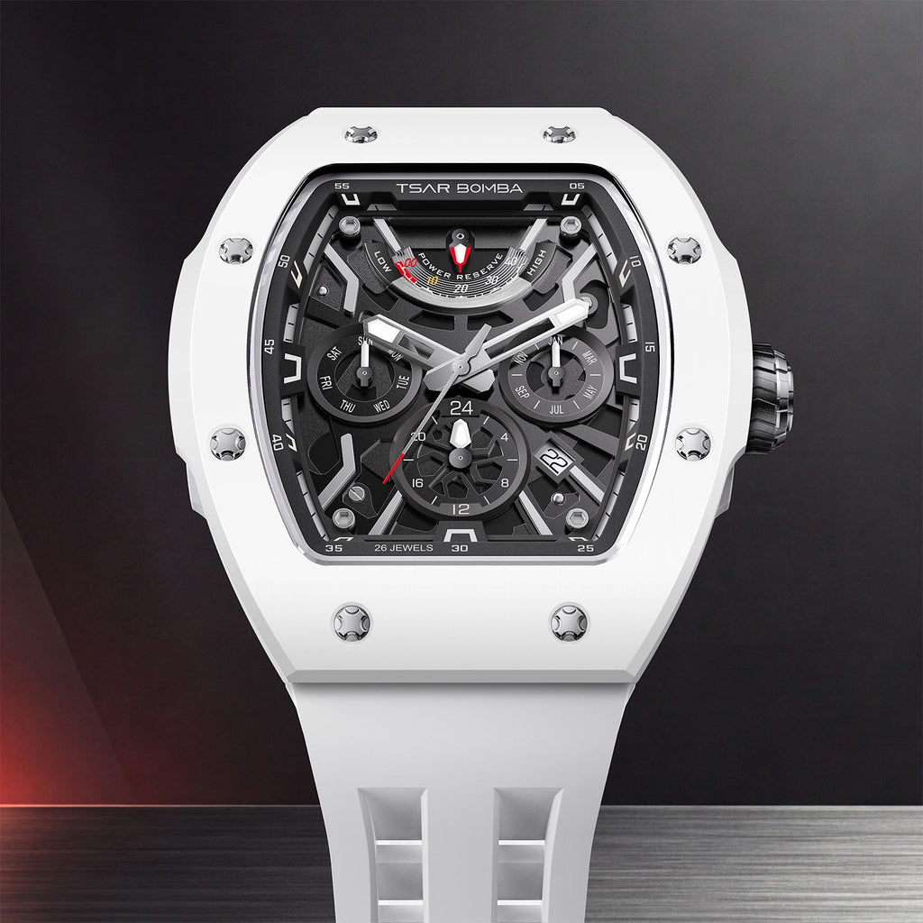 Tsar Bomba Atomic White — Standing on a reflective surface in front view, showing the sapphire crystal over the movement, available at IFL Watches.