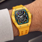 Tsar Bomba Atomic Yellow — Worn on wrist at an angle, showing the crown and sub-dials, available at IFL Watches.