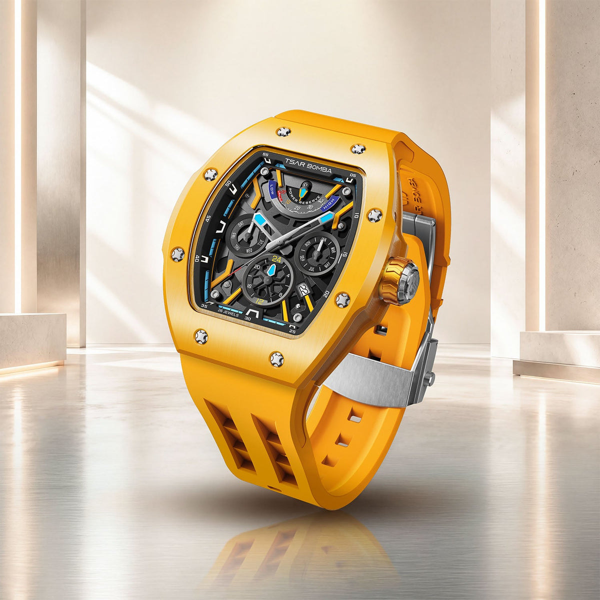 Tsar Bomba Atomic Yellow — Standing on a polished floor, showing the strap and case profile, available at IFL Watches.