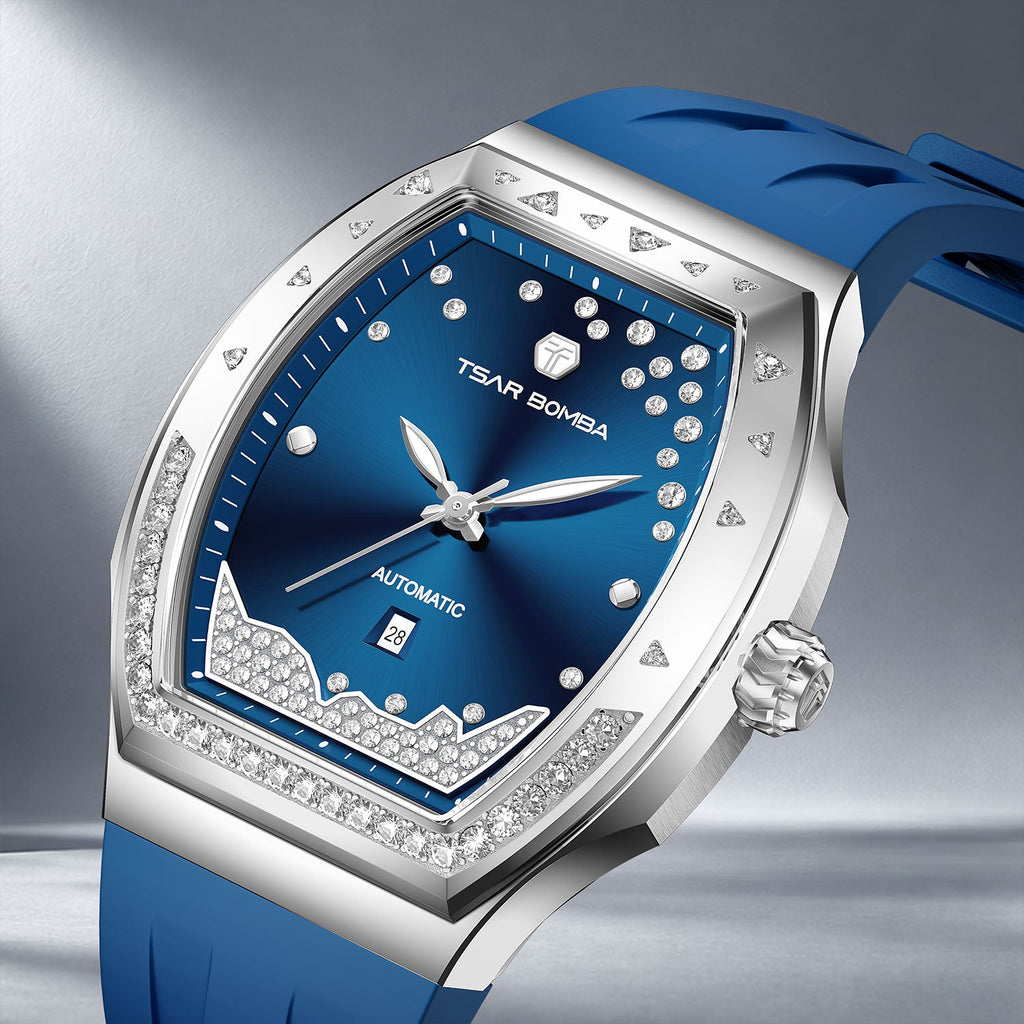 Tsar Bomba Lumina Blue — Close angled view of the lab-grown diamonds across the dial, available at IFL Watches.