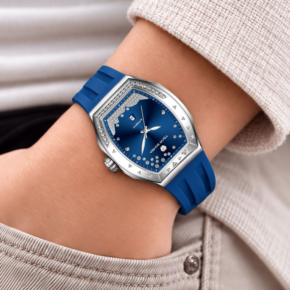 Tsar Bomba Lumina Blue — Worn on wrist with a hand in pocket, seen from a relaxed angle, available at IFL Watches.