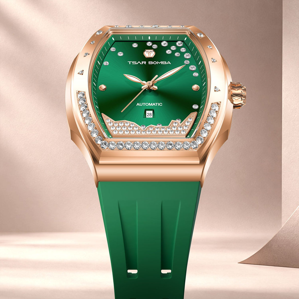 Tsar Bomba Lumina Green — Standing in front view against soft drapery, available at IFL Watches.